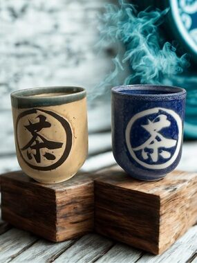 Japanese Tea Cups  - Blue & Cream Kanji Design